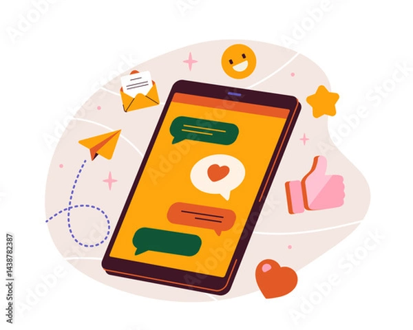 Fototapeta Love messages on smartphone. Romantic meeting and dialogue in social networks. Valentines day. Communication and conversation in social media. Flat vector illustration
