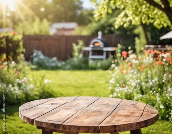 Obraz Empty round wooden table on backyard garden, blurred cozy background