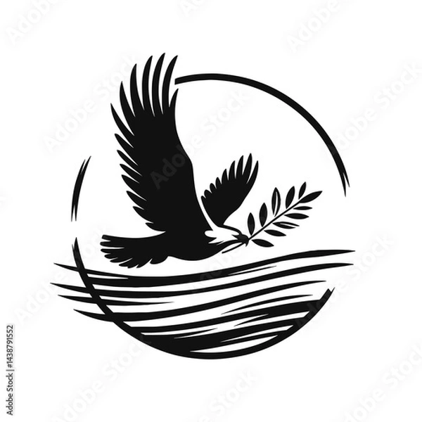 Fototapeta A flying bald eagle with an olive branch in its beak against a stylized sun background