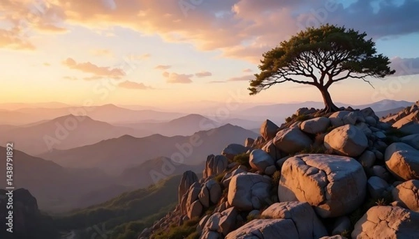 Fototapeta Resilient Life: A Lone Tree Thrives Amidst Rugged Rocks, Stunning Landscape hill view cliff stone   
