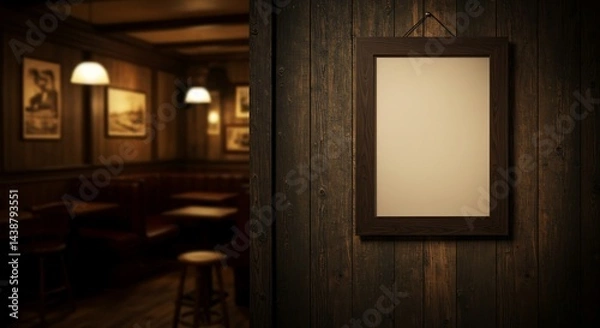 Fototapeta Empty Frame on Rustic Wooden Wall in Cozy Pub - Irish Pub Decor old bar design texture vintage      