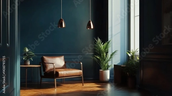 Fototapeta Sunlit Corner, Leather Chair, Dark Walls, Plants, Interior Design