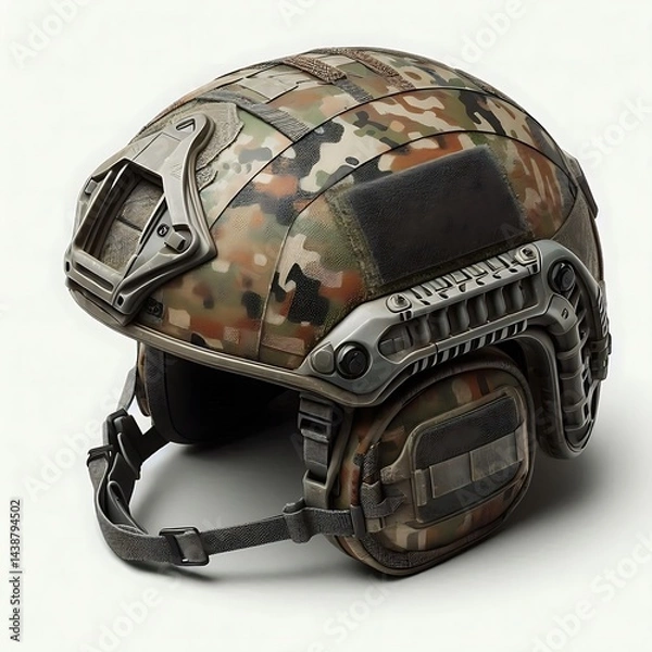 Fototapeta Camouflage Military Helmet: Tactical Gear Close-Up, Detailed Protection Design, Isolated on White   