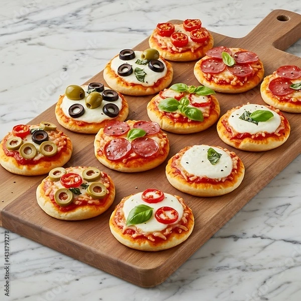 Fototapeta Rustic Wooden Board with Mini Pizzas: A Delicious Variety of Gourmet Toppings on Marble food basil  