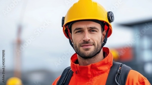 Fototapeta Professional Construction Worker in Safety Gear with Smile on Job Site