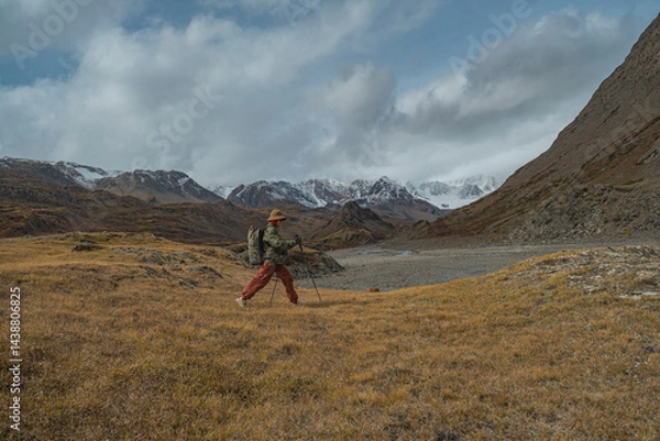 Fototapeta A traveler in trekking clothes walks from left to right holding trekking poles in his hands. The action takes place against the backdrop of mountains, in autumn. Autumn mountains.