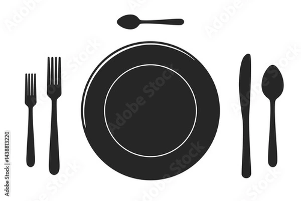 Fototapeta Table setting top view of a dinner plate with full set of knives and forks in silhouette vector