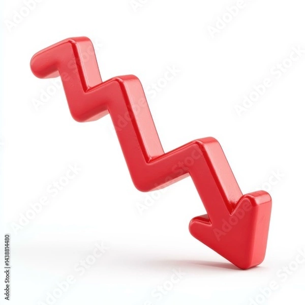 Fototapeta Trend down icon represents business failure, showcasing negative growth in a bright and playful 3D plastic design.