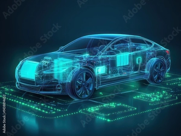 Obraz Electric Car with Digital Blueprint.