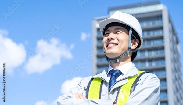 Fototapeta ビルの屋外で作業着姿の男性
