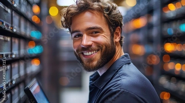 Obraz Smiling technician in server room
