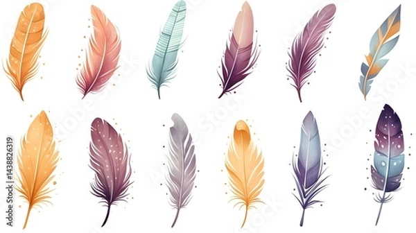Fototapeta Exquisite set of hand-drawn feathers on white background for elegant designs