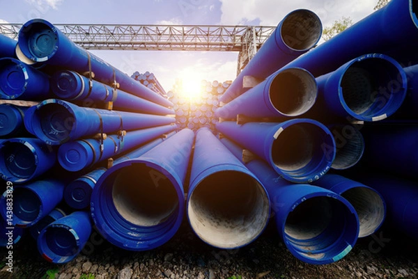 Fototapeta Stack of cast iron pipes in loading area waiting for transportation