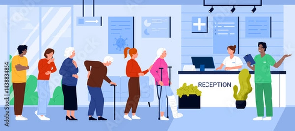 Fototapeta Hospital reception room with patients waiting in queue to doctor, clinic hall interior with sick people. Old and young characters with crutches and injury, bad back, cough cartoon vector illustration