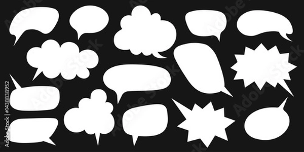 Fototapeta Set of cute speech bubble templates. White dialogue balloons, text boxes, quote frames, message stickers, conversation tags isolated on black background. Vector illustration.