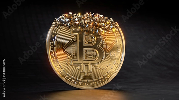 Obraz Single BTC Golden Coin starting to Fall in to many Pieces on a dark surface. 3D Render