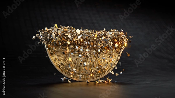 Obraz Single BTC Golden Coin Falling to many Pieces on to a dark surface. 3D Render