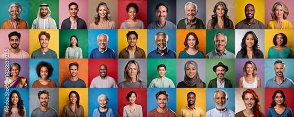 Obraz Diverse portraits of people from different ethnicities, ages, sexual orientations, religions, and cultures on colorful background. Diversity and inclusion concept.