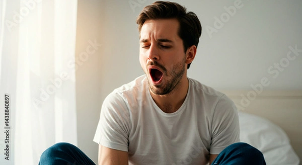 Fototapeta Sleepy morning: A man in bed is yawning, possibly from fatigue or just waking up. He's sitting up, still in pajamas.