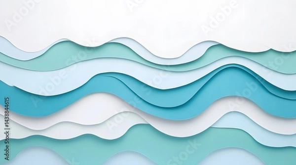 Fototapeta Abstract layered paper cut design.  Serene blue and white waves create a calming, modern background ideal for websites, presentations, and branding.