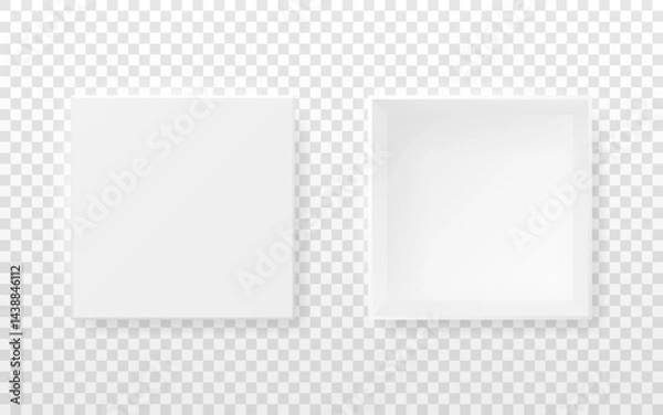 Fototapeta Box mockup top view. White square package with closed and open views on transparent background. Realistic design for branding or product presentation. Vector illustration.
