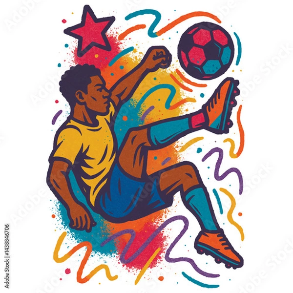 Obraz Graffiti style vector illustration of a soccer player in mid-air performing a bicycle kick. Bold colors, curly hair and dynamic background of swirls and splashes in urban art style. Isolated on white.