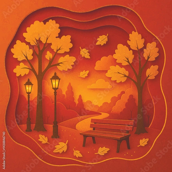 Obraz 3d Golden autumn park in layered paper cut style with falling leaves, benches, glowing streetlamps, curved path, wavy frames, glittery gold lines. Vector autumn background illustration with 3D effect.