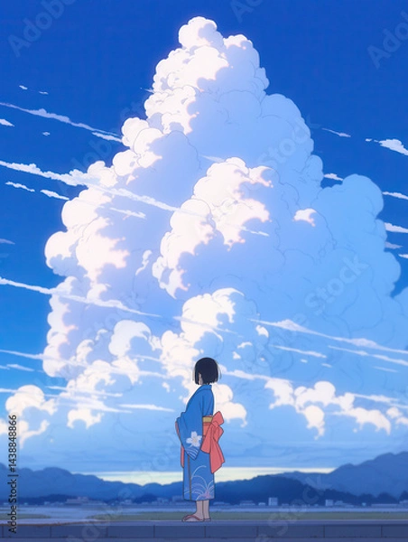 Fototapeta 夏空に着物を着た女性のイラスト