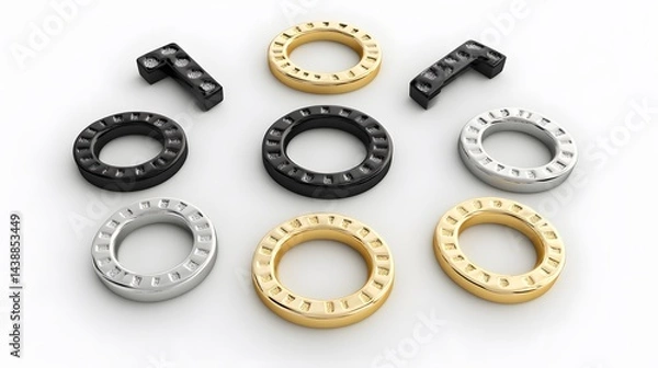 Fototapeta Elegant gold, silver, and black rings and number '10' arranged on a white background.  Perfect for branding, jewelry, or luxury concepts.