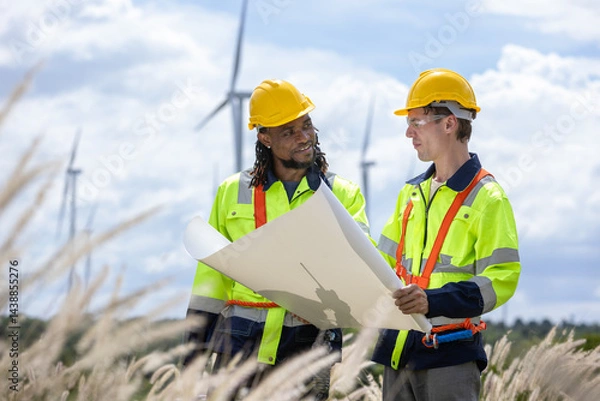 Obraz Team of African american engineer with blueprint checking wind turbines at windmill field farm. Group of engineers workers working at wind turbines farm. Alternative energy, environmental friendly.