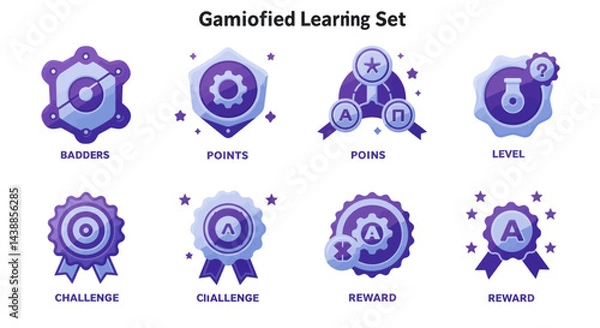 Fototapeta Gamified learning elements set for educational badges and motivational icons in modern gradient style symbolizing rewards, points, levels, and challenges