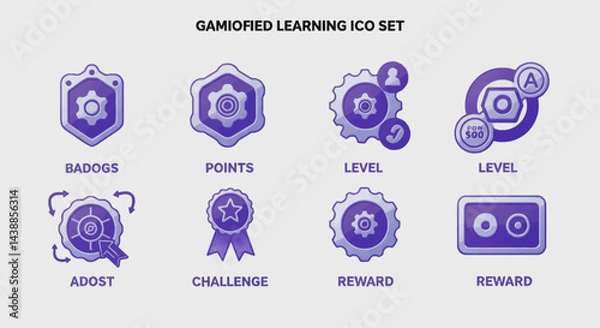 Fototapeta Gamified learning icon set presenting badges, points, levels, challenge, reward and adost for digital education and online courses