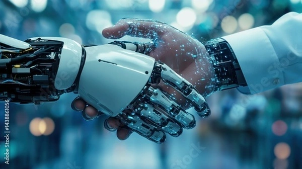 Fototapeta Futuristic robot and human handshaking.  A symbolic representation of collaboration between technology and humans in a blurred, modern industrial setting