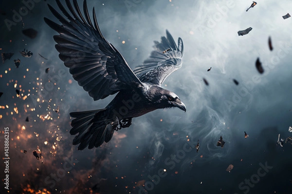 Fototapeta mystical bird, imposing crow with luminous wing edges soaring through billowing red smoke and floating embers
