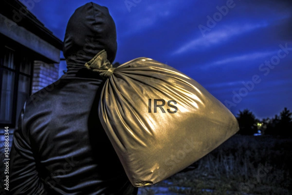 Fototapeta anonymous man walking away with a bag of money with IRS text, taxes, lots of money
