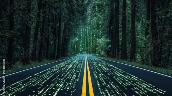 Fototapeta Forest road, digital code.  A path through a dark forest, paved with glowing lines of code
