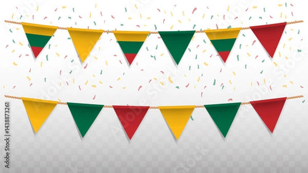Fototapeta Vector illustration of the country flag of Lithuania with confetti on transparent background. hanging triangular flag for Independence Day celebration.