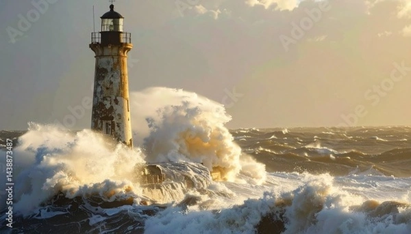 Fototapeta Abandoned lighthouse battered by massive ocean waves during a storm