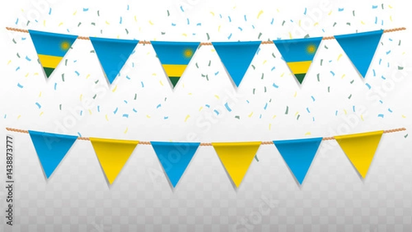 Fototapeta Vector illustration of the country flag of Rwanda with confetti on transparent background. hanging triangular flag for Independence Day celebration.