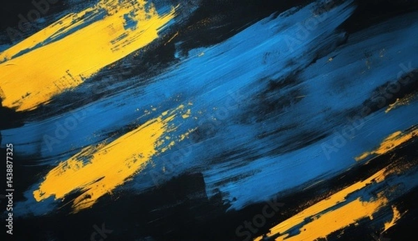 Fototapeta Abstract painting with dynamic brushstrokes in bold blue and gold