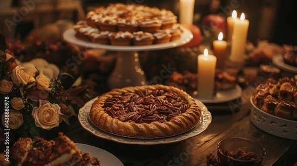 Fototapeta A table filled with autumn desserts like pecan pie, apple pie, and cinnamon rolls, with a background of cozy fall decor and warm candlelight 