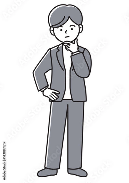 Fototapeta 顎に手を当てて考え事をするビジネスマンの正面向きベクターイラスト