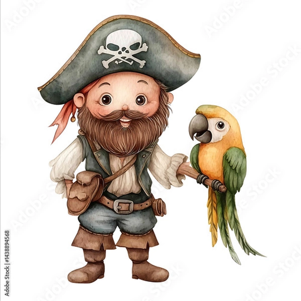 Fototapeta cute pirate with cute little parrot sidekick on his shoulder isolated on white background real watercolor handpainted style simple kids like soft and light neutral color flat no det
