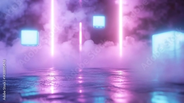 Fototapeta Abstract neon scene with floating cubes and smoke