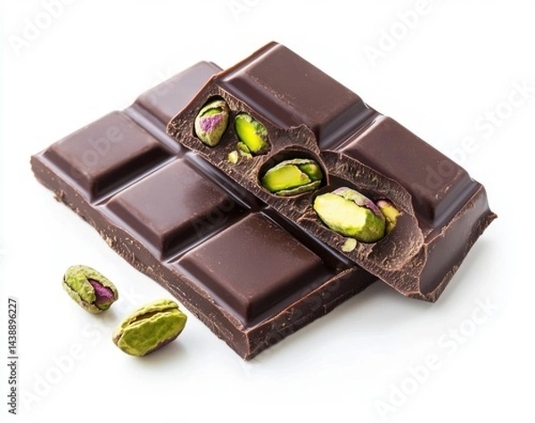 Fototapeta Dark chocolate bar with pistachios.  Two pieces of dark chocolate, broken apart to reveal the inside with pistachios nestled within.  A scattering of whole pistachios are beside the chocolate