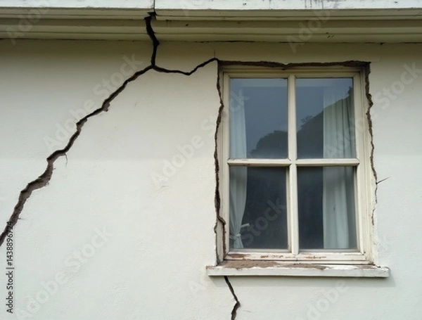 Obraz a section of an exterior building wall, painted a light color, suffering from significant structural cracking. 