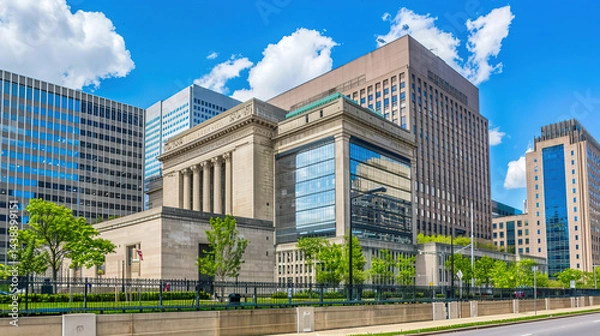 Fototapeta Modern central bank building with glass facade reflecting blue sky in financial district. Contemporary architecture, banking industry, economic power and financial stability concepts.
