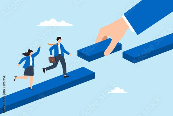 Fototapeta Flat illustration of business team crossing gap as giant hand places final bridge block to overcome challenge with leadership support