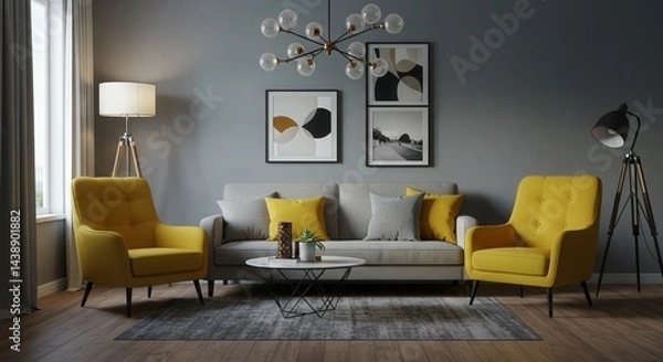 Fototapeta Modern living room with yellow accents, geometric art, and a unique chandelier
