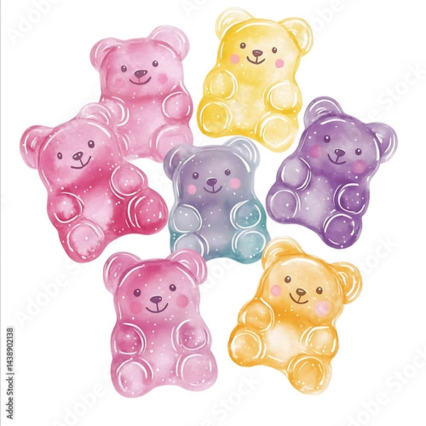 Obraz Kawaii food decorative ELEMENT gummy bear kawaii face soft pastel semi transparent Pastel color palette pink FFB6C1 mint B2F5D0 purple D8BFD8 and yellow FFF9B1 Real watercolor handp